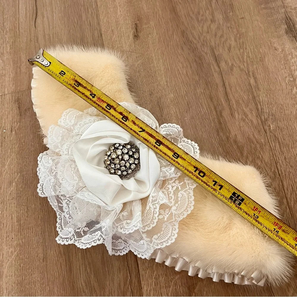 VTG CREAM REAL MINK FUR COLLAR‎ WRAP SCARF RHINESTONE FLOWER EMBROIDERED Wedding